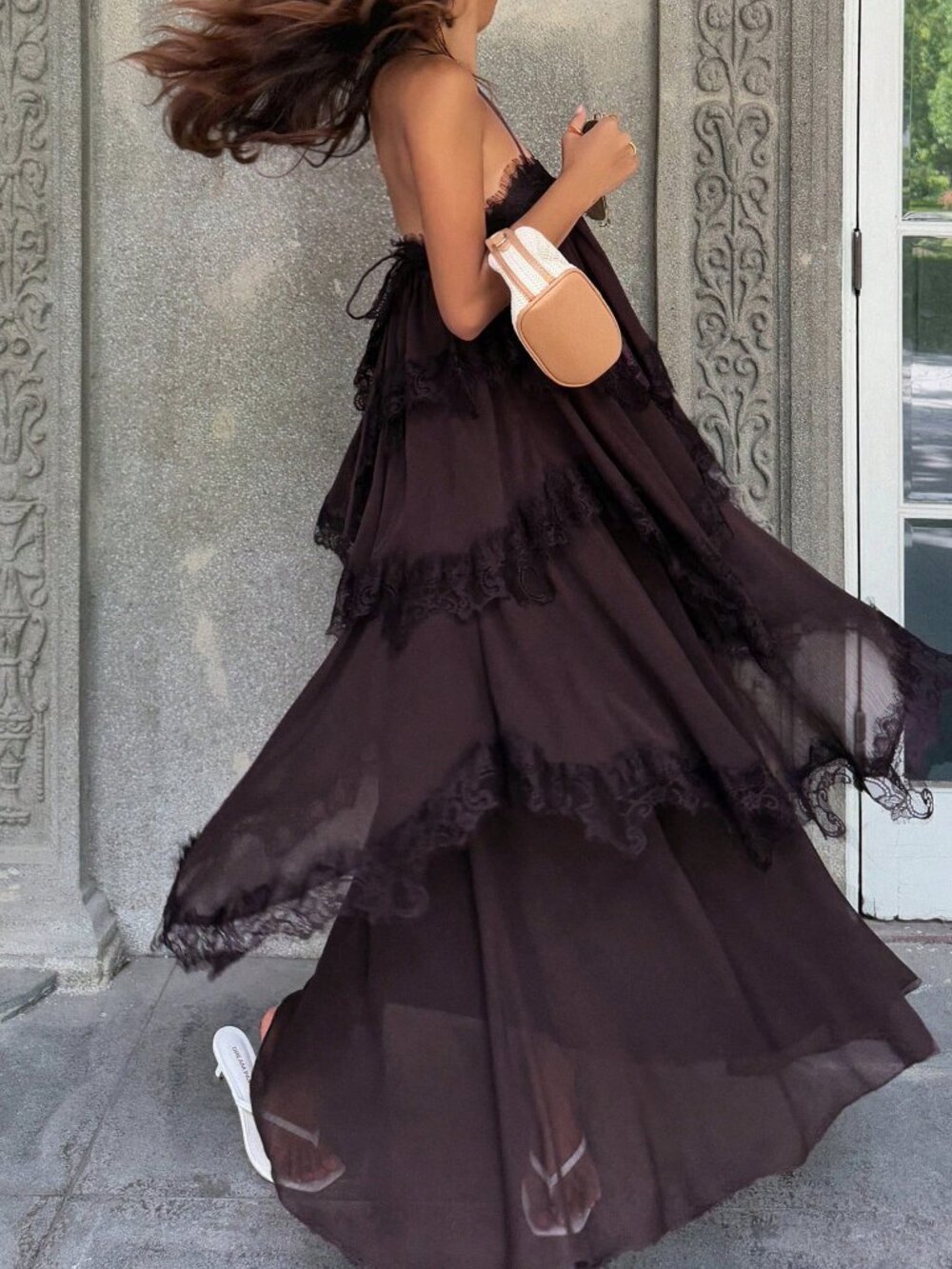 Coffee Brown Casual Women's Lace Plants Backless High-Waist Midi Slip Dress
